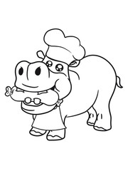 grilling, cook, chef, hotdog meat tasty food hungry grill master apron chef hat sweet little cute baby hippo happy child