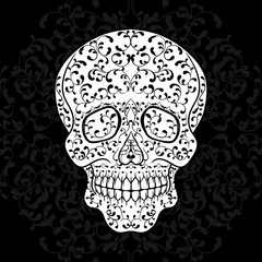 Hand drawn sugar skull on black. Dia de los Muertos vector illustration