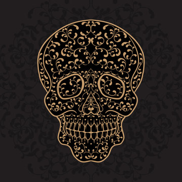Hand drawn gold sugar skull. Dia de los Muertos vector illustration