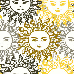 Ink hand drawn slavic sun seamless patttern
