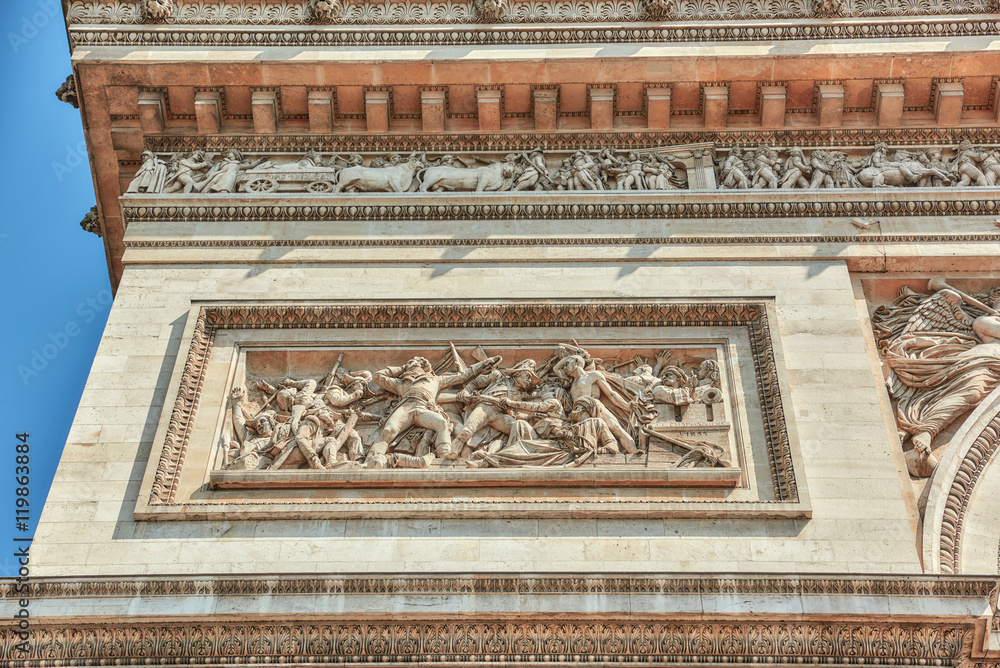 Wall mural Moldings and decorations on the Arc de Triomphe in  Paris. Franc