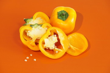 
Yellow pepper isolated on a colorful background. Vegetables isolated on background.