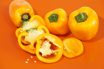 
Yellow pepper isolated on a colorful background. Vegetables isolated on background.