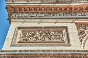 Moldings and decorations on the Arc de Triomphe in  Paris. Franc