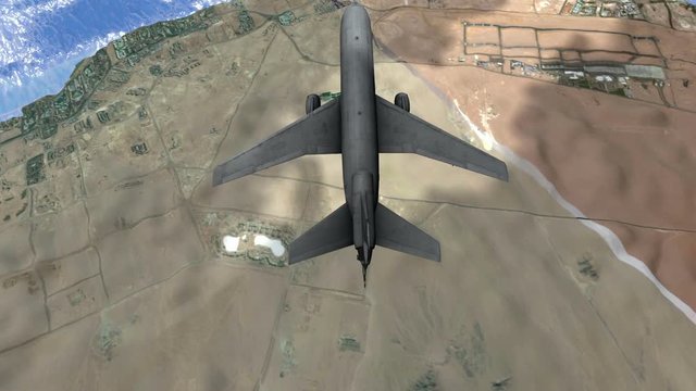Aircraft flying over the desert islands from above