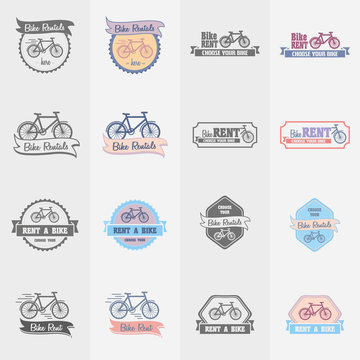 Bike rentals logos, labels and symbols vector set. Color and monochrome