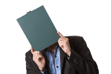 Businessman holding green blackboard isolated on white backgroun