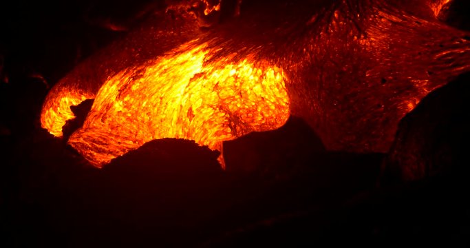 Close up Lava flowing from Kilauea volcano Hawaii at night. Lava stream flowing in real-time from Kilauea volcano around Hawaii volcanoes national park, USA.