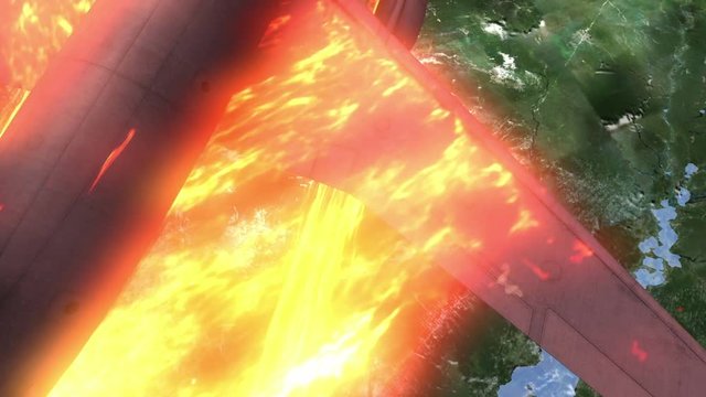 Passenger plane burning fall down over the land