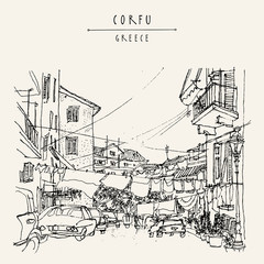 Street in Corfu, Greece, Europe. Retro style sketch. Buildings, hanging bed sheets drying, cars. Travel greeting card, postcard, poster template, book illustration