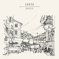Fototapeta premium Street in Corfu, Greece, Europe. Retro style sketch. Buildings, hanging bed sheets drying, cars. Travel greeting card, postcard, poster template, book illustration