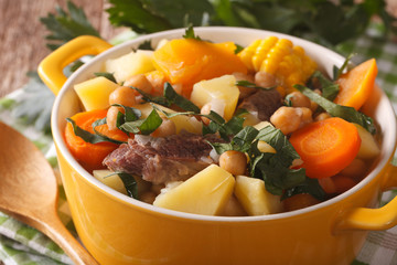 South American cuisine: Puchero soup with chickpeas close-up in a pot. horizontal
