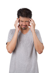 Fototapeta premium The sick man standing on white background and put his hands on h