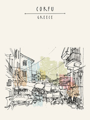 Street in Corfu, Greece, Europe. Retro style sketch. Buildings, hanging bed sheets drying, cars. Travel greeting card, postcard, poster template, book illustration
