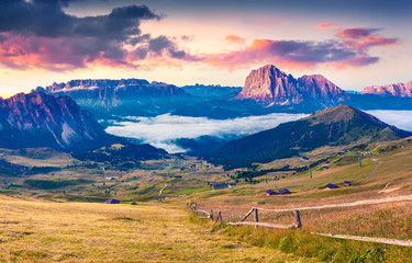 Colorful summer sunrise in Dolomite Alps.