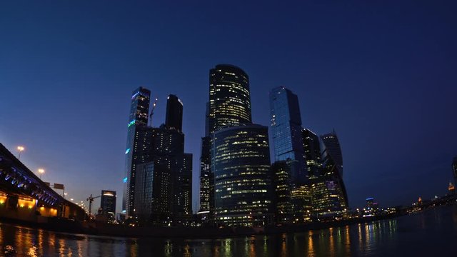 The skyscrapers of the Moscow International Business Center (Moscow-City) and the Third Ring Road at the sunset. Fisheye. UHD - 4K. September 01, 2016. Moscow. Russia