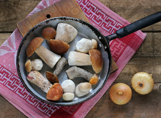 The mushrooms in the pan, top view.
