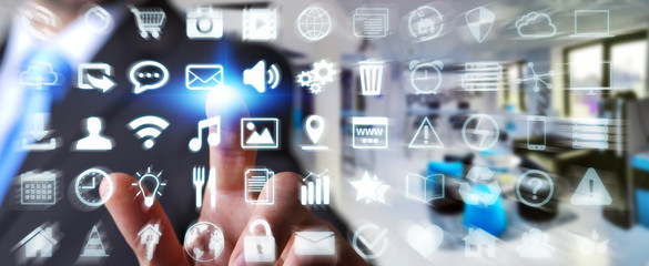 Businessman using digital tactile screen interface with web icon