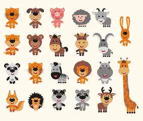 Big set isolated animals. Vector collection of animals in cartoon style. Funny animals: forest, asia, africa, farm, domestic