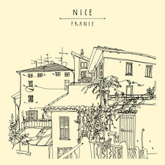 Antique houses in Nice, France, Europe. Cozy European town on French Riviera.  Mediterranean chic. Hand drawing. Travel sketch. Vintage touristic postcard, poster or book illustration