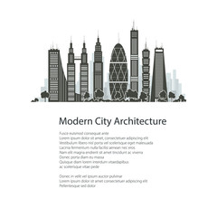 Modern Big City with Buildings and Skyscraper Isolated on White Background and Text , Architecture Megapolis, City Financial Center, Poster Brochure Flyer Design, Vector Illustration