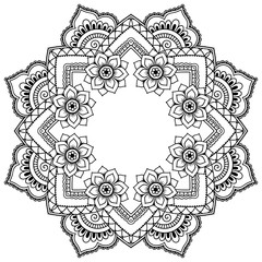 Henna tattoo mandala in mehndi style. Pattern for coloring book. Hand drawn vector illustration isolated on white background. Design element in Doodles style.

