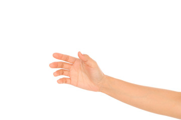 Beautiful woman hand holding isolated on white background .