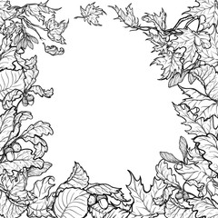 Autumn leaves square frame. Black and white sketch