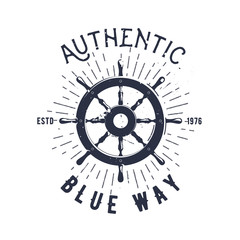 Retro nautical label with steering wheel, sunburst and lettering. Vector illustration for label, t-shirt print, vintage badges and logo design.