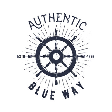 Retro nautical label with steering wheel, sunburst and lettering. Vector illustration for label, t-shirt print, vintage badges and logo design.