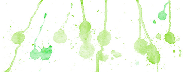 Green watercolor splashes and blots on white background. Ink painting. Hand drawn illustration. Abstract watercolor artwork. 