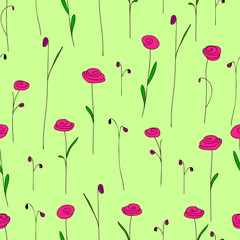 Seamless pattern with cute bright pink flowers. Green background with stylized doodle roses. Elegant template for fashion print.Vector illustration. Vintage floral backdrop for summer or spring design