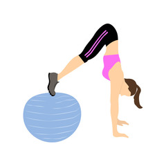 Woman doing abs exercise on fitball. Woman doing fitness exercise on white background. Healthy lifestyle.