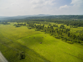 haystacks on a green sloping field