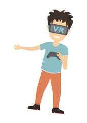 Man in vr. Teen boy or adult man in vr glasses standing on white background with gamepad. Augmented reality and cyberspace. Video game or 3D film.