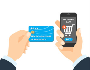 Online shopping with credit card. Easy payment for order with plastic card through internet.