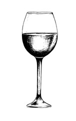 Isolated champagne glass. Black and white etching wine glass for decoration. Elegant tableware.