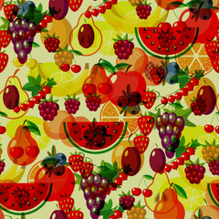 Flat fruits seamless pattern. Vector  Illustrations of watermelon, banana, cherry, apple, strawberries, raspberries, blackberries, orange, kiwi fruit, pear for web, print and textile