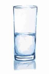 Watercolor water glass. Isolated half full half empty glass with fresh and pure water. Healthy beverage. Optimism or pessimism.