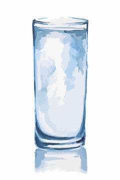 Watercolor water glass. Full glass of fresh and pure beverage. Water is life. Healthy lifestyle. 8 water glasses per day.