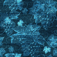 Vector Denim floral seamless pattern. Jeans background with Rose flowers. Blue  cloth 