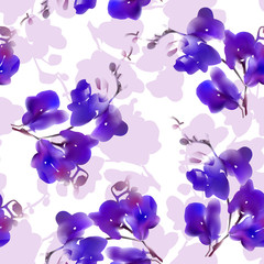 Obraz na płótnie Canvas Watercolor imitation tropical orchid flower seamless pattern. Vector illustration.