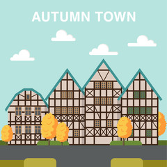 Autumn town illustration with houses across the street and orang