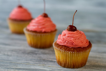 Cupcakes with pink frosting. Baked desserts on gray background. Joy has a flavor. Discover the wonders of cooking.