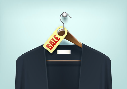 Vector Clothes Coat Brown Wooden Hanger with Blue Black Sweater Cardigan Jumper with Sale Blank Tag Label Close Up Isolated on Background