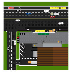 Plot road, highway, street, with the store. Crossroads. Bus stop. With different cars. Congestion and parking cards. Top view of the highway. illustration