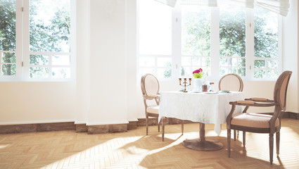 Fototapeta premium Soggiorno o cucina con tavolo e sedie luminoso 3d render