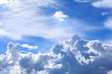 Blue sky with white clouds and rain clouds. The vast blue sky and clouds sky on sunny day. White fluffy clouds in the blue sky.