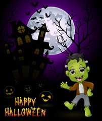 Halloween costumes frankenstein with pumpkin on haunted castle background