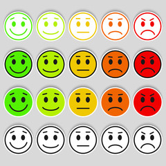Set of Emoticons. Emoji rank, level, load. Excellent, good, normal, bad, awful. Isolated on white background.